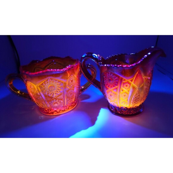 Vtg Indiana Glass Carnival Cream & Sugar Sunset Red Iridescent Hobstar Glows - Picture 1 of 7